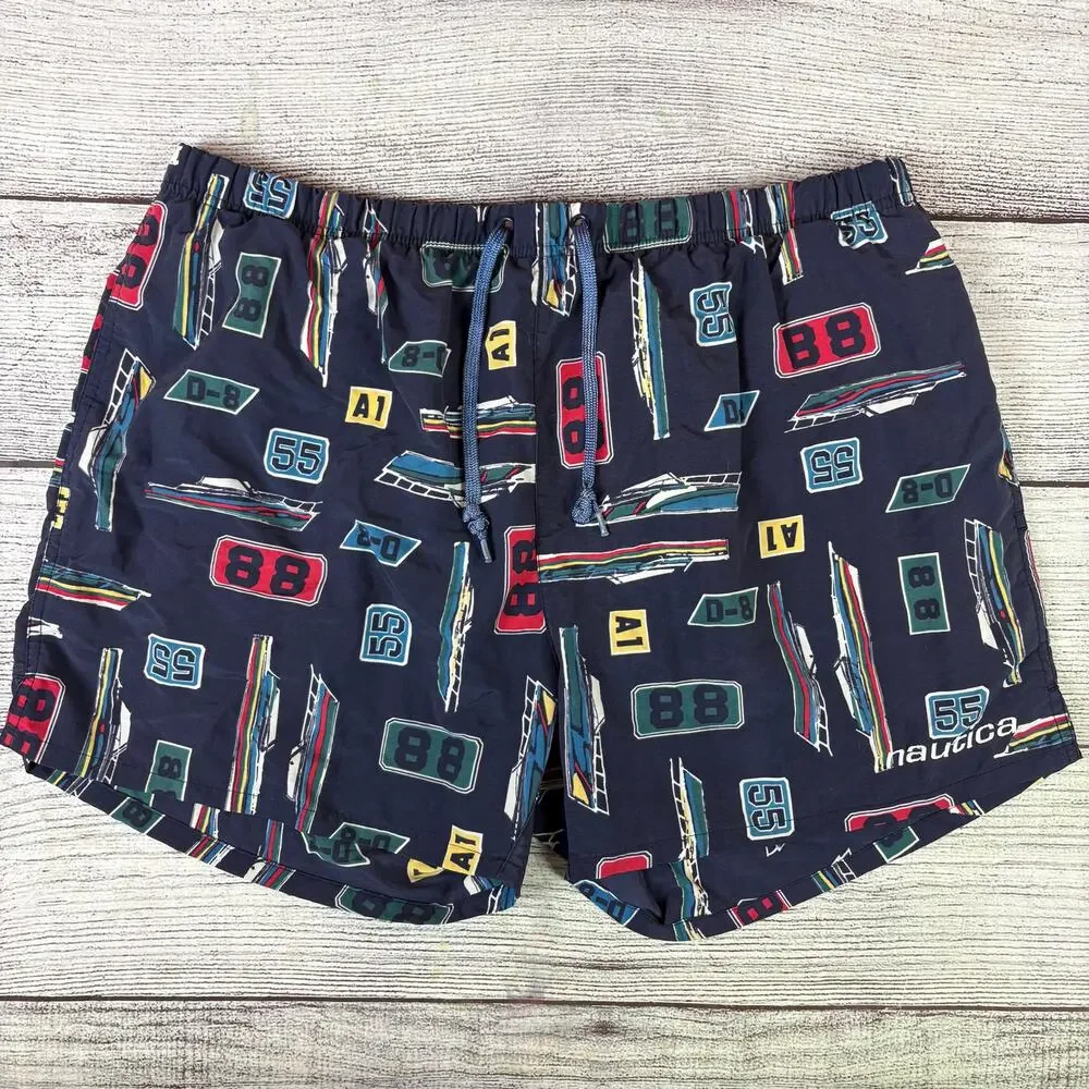 Vintage 1990s Nautica All Over Print Swim Trunks